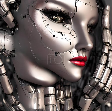A close-up of a robot woman's face with realistic human-like features, including expressive eyes and lips, but with subtle mechanical elements such as circuitry lines and metallic texture. Her enigmatic expression and captivating appearance blur the 