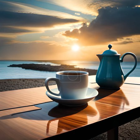 Foto de Una composición 3D fascinante que muestra una jarra de café y una taza blanca en una mesa, con granos de café dispersos, exudando un ambiente grandioso y surrealista en un estilo inspirado en la vendimia. - Imagen libre de derechos