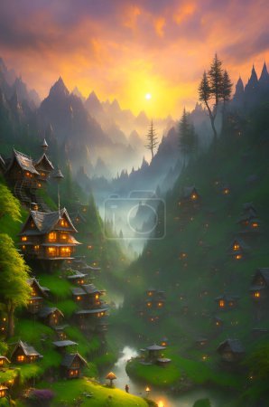 Foto de Un valle mágico enclavado en las montañas, con un impresionante telón de fondo al atardecer, y encantadoras casas de árboles esparcidas por todo. - Imagen libre de derechos