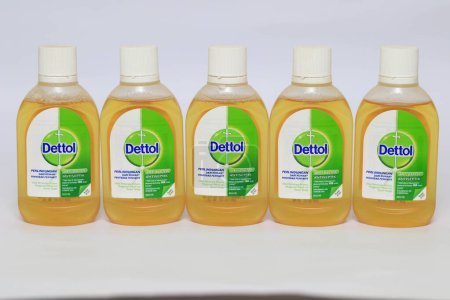 Photo for Lampung Selatan - Indonesia, 06 March 2023 : Dettol Antibacterial Disinfectant isolated on white background. Kills 99.9% of harmful germs and bacteria on home surfaces to protect against infection. - Royalty Free Image