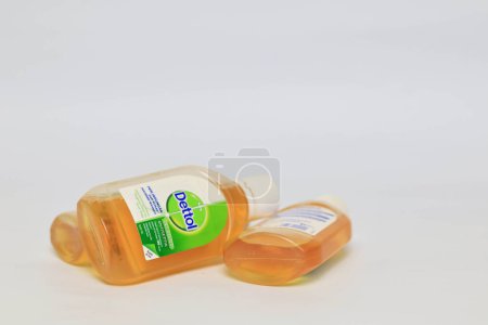 Photo for Lampung Selatan - Indonesia, 06 March 2023 : Dettol Antibacterial Disinfectant isolated on white background. Kills 99.9% of harmful germs and bacteria on home surfaces to protect against infection. - Royalty Free Image