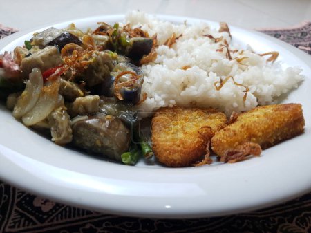 Photo for Breakfast food with nuggets and rice, eggplant vegetables - Royalty Free Image