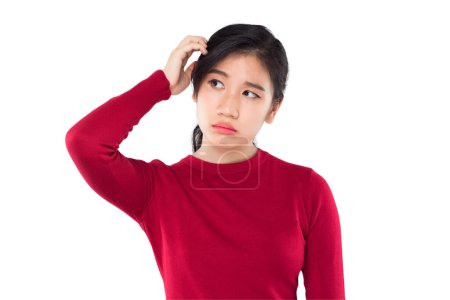 Ausdruck und Emotion Porträt asiatische Frau heben die Hand, um ihren Kopf zu halten fühlen sich verwirrt und taub