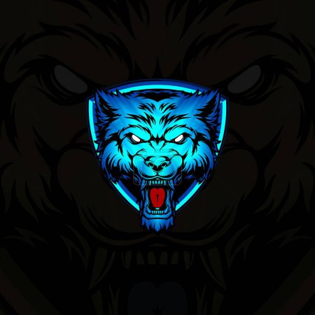 Illustration for Neon blue wolf shield gaming logo illustration - Royalty Free Image
