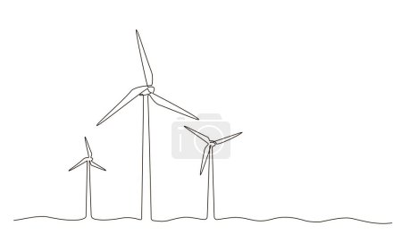Parc éolien énergie alternative à la mer continu un tracé de ligne. Illustration vectorielle de concept d'énergie renouvelable dans le style doodle. Signe de ligne de contour pour l'innovation, la conception environnementale
