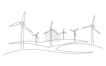 Paysage accidenté avec éoliennes parc énergie continue une ligne icône dessin. Illustration vectorielle du concept d'énergie verte provenant de sources renouvelables. Contour un signe de ligne pour l'innovation, la conception environnementale