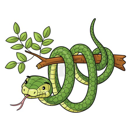 Ilustración de Ilustración de una linda serpiente verde en una rama de árbol. - Imagen libre de derechos