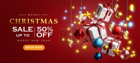 Photo for Christmas Sale Template Hanging Flying Box Gift Christmas Ball Red Blue Gold Christmas Lights Bokeh Red Background Banner 3D Render - Royalty Free Image