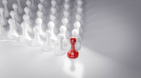 Foto de Leadership Concept Red Pawn Chess Leading White Pawn Formation 3D Render - Imagen libre de derechos