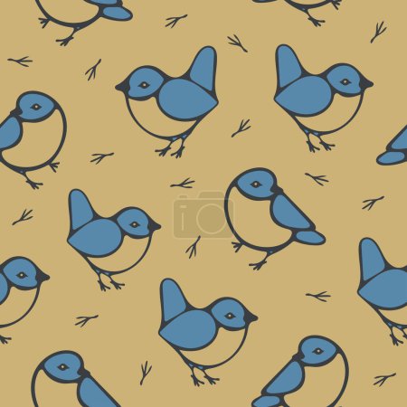 Illustration for Seamless vector pattern with bluebirds on yellow background. Simple cute tomtit wallpaper design. Decorative bird fashion textile. - Royalty Free Image