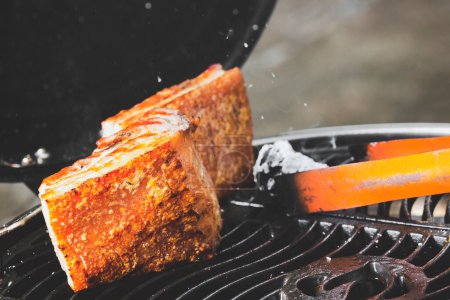 Téléchargez les photos : Grill barbecue de porc croustillant sur le gril, concept de camping en plein air - en image libre de droit