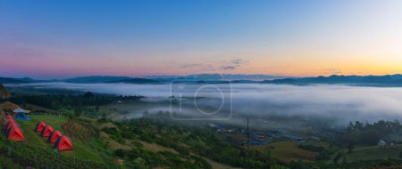 Photo for Winter travel season, Beautiful landscape panorama of Pai city with fog on mountain at sunrise in Yun Lai viewpoint, Pai, Mae Hong Son, Thailand - Royalty Free Image