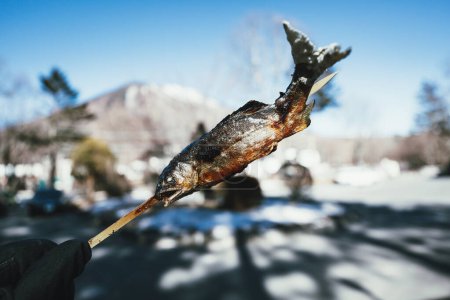 Téléchargez les photos : Japonais grill Ayu poisson avec du sel sur brochette dans Traveler homme main dans la saison des neiges d'hiver à Nikko, Japon, concept japonais de street food - en image libre de droit