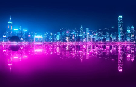 Téléchargez les photos : Metaverse crypto concept de technologie de monnaie, Futuristic réseau néon ville à fond de nuit à Hong Kong - en image libre de droit