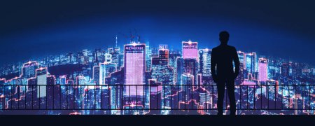 Téléchargez les photos : Metaverse crypto concept de technologie de monnaie, Homme d'affaires professionnel avec réseau blockchain sur la ville néon futuriste en arrière-plan de nuit à Tokyo, Japon - en image libre de droit