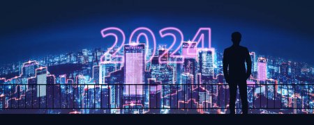Téléchargez les photos : Nouvel An 2024 Metaverse crypto concept de technologie monétaire, Homme d'affaires professionnel avec réseau blockchain sur la ville néon futuriste en arrière-plan de nuit à Tokyo, Japon - en image libre de droit