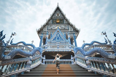 Photo for Asian traveller woman travel in Wat Pak Nam Khaem Nu temple, Chanthaburi, Thailand - Royalty Free Image