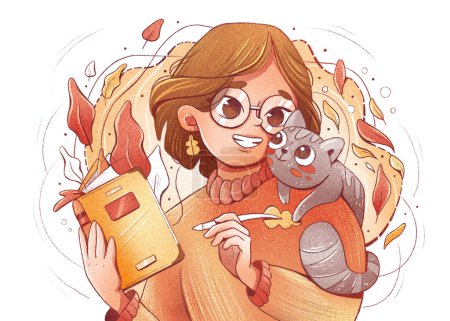 Téléchargez les photos : Illustration of a cute girl in glasses with a cat and a notebook on an autumn background. Cartoon beautiful style. - en image libre de droit
