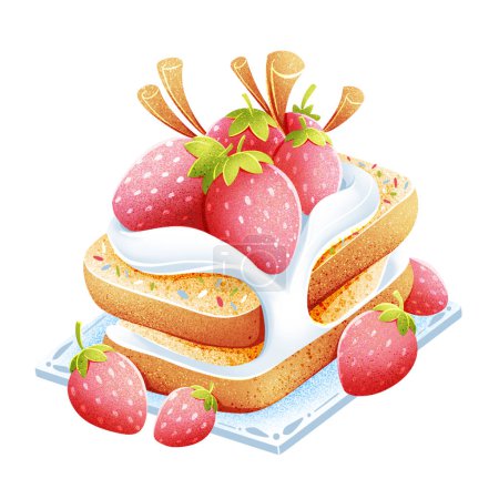 Foto de Ilustración de un pastel de crema de fresa con canela sobre un fondo blanco. - Imagen libre de derechos