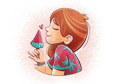 Téléchargez les photos : Cute girl with watermelon ice cream. Illustration in cartoon style. - en image libre de droit