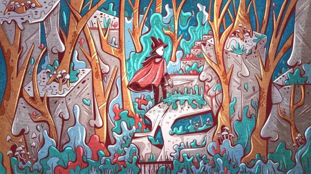 Téléchargez les photos : Illustration fantastique d'un héros en imperméable marchant le long des marches mystiques effrayantes dans la forêt. - en image libre de droit