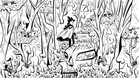 Téléchargez les photos : Illustration de style art linéaire d'un héros marchant le long d'un chemin dans une forêt sorcière. Il peut être utilisé comme art, impression, modèle, livre à colorier, etc.. - en image libre de droit
