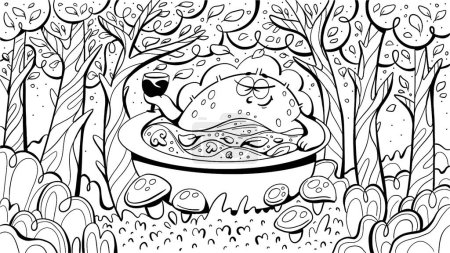 Photo for Illustration in line style comic cartoon character dumpling takes a bath in the forest. It can be used as art, print, pattern, coloring book, etc. - Royalty Free Image