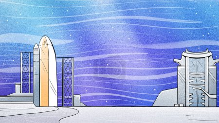 Illustration d'un vaisseau spatial au cosmodrome se préparant au lancement dans un style cartoon.