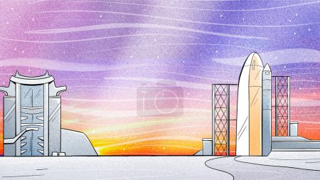Illustration eines Raumschiffs im Kosmodrom, das sich im Cartoon-Stil auf den Start vorbereitet.