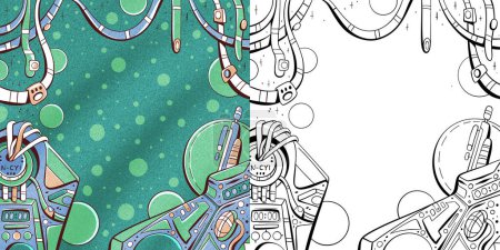 Foto de Fondo en dibujos animados de colores y estilo doodle línea. Paisaje, espacio y nave extraterrestre. - Imagen libre de derechos
