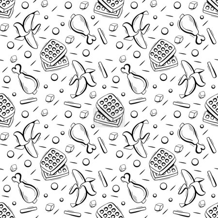 Photo for Pattern in the style of line and doodle on the theme of food. Bananas, waffles and chicken legs. - Royalty Free Image