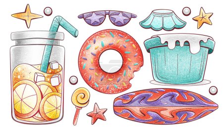 Foto de Conjunto de elementos en estilo de dibujos animados. Beber cóctel, gafas de sol, tabla de surf, donut, etc.. - Imagen libre de derechos