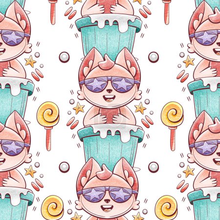 Photo for An illustration of a pattern of a cute cat in a cartoon style. - Royalty Free Image