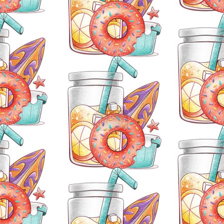 Téléchargez les photos : Illustration d'un motif de limonade réfrigérée avec un tube à cocktail dans un style dessin animé. - en image libre de droit