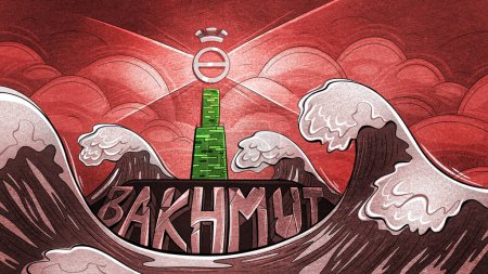 Téléchargez les photos : Illustration d'un phare dans une mer orageuse avec les armoiries de la ville ukrainienne de Bahmut. - en image libre de droit