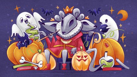 Téléchargez les photos : Illustration d'un roi souris et sa suite : fantômes, diables, citrouilles dans un style de dessin animé kawaii. - en image libre de droit