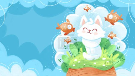 Photo for Illustration of a cute cat dreaming of fish in kawaii cartoon style. - Royalty Free Image