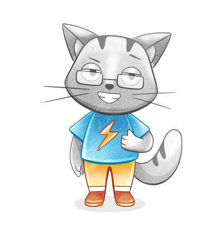 Foto de Chibi gato usando una camiseta con un rayo signo en un lindo estilo de dibujos animados. - Imagen libre de derechos