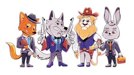 Photo for Cartoon characters for the mafia game: gangster fox, leader wolf, sheriff lion and citizen hare. - Royalty Free Image