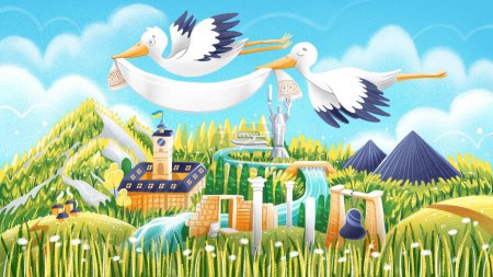 Photo for Illustration of storks flying over Ukraine in cartoon style. - Royalty Free Image