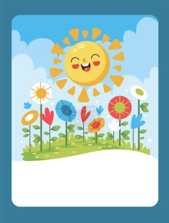 Ilustración de Vector illustration of the sun gives light and warmth to the flowers. It can be used as a playing card, learning material for kids. - Imagen libre de derechos