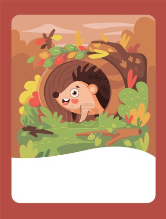 Téléchargez les illustrations : Vector illustration of a small hedgehog in the autumn forest. It can be used as a playing card, learning material for kids. - en licence libre de droit