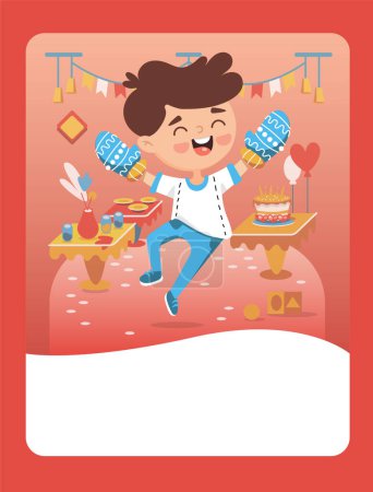 Illustration for Vector illustration of a boy rejoices in received gifts for the holiday. It can be used as a playing card, learning material for kids. - Royalty Free Image