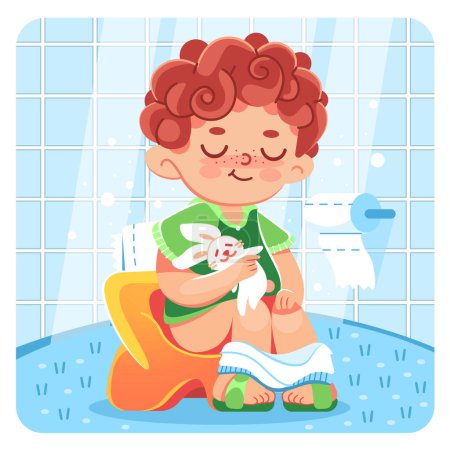 Illustration for Vector illustration of a boy on a potty in the toilet. It can be used as a playing card, learning material for kids. - Royalty Free Image