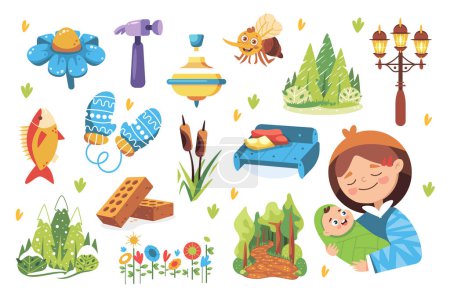Ilustración de Set of vector elements: flower, hammer, brick, rain, snow, forest, fish, etc. This can be used as a playing card, illustrative material for children. - Imagen libre de derechos