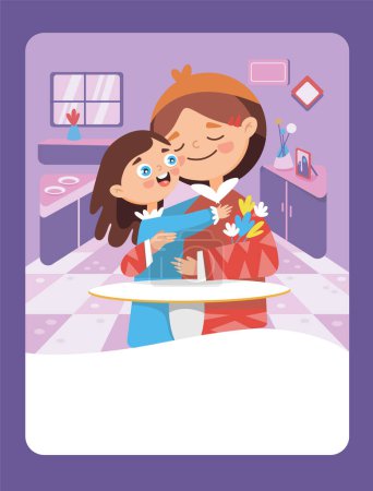 Illustration for Vector illustration of a daughter hugging her mother. It can be used as a playing card, for children's development and learning. - Royalty Free Image