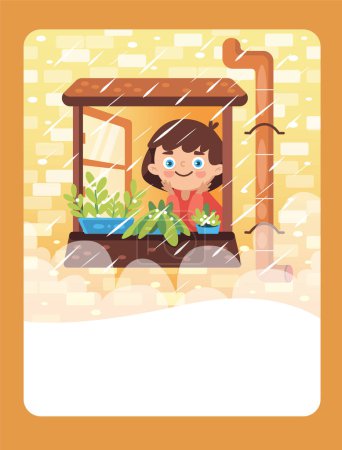 Illustration for Vector illustration of a girl looking out of the window at the rain. It can be used as a playing card, for the development and education of children. - Royalty Free Image