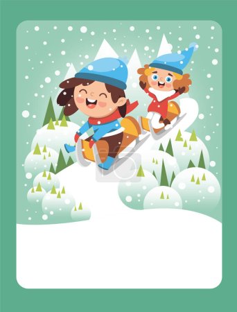 Vector illustration kids have fun sledding in winter. It can be used as a playing card, for children's development and learning.