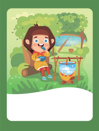 Téléchargez les illustrations : Illustration vectorielle d'une fille en randonnée mangeant près du feu dans la forêt. Il peut être utilisé comme une carte à jouer, pour le développement et l'apprentissage des enfants. - en licence libre de droit