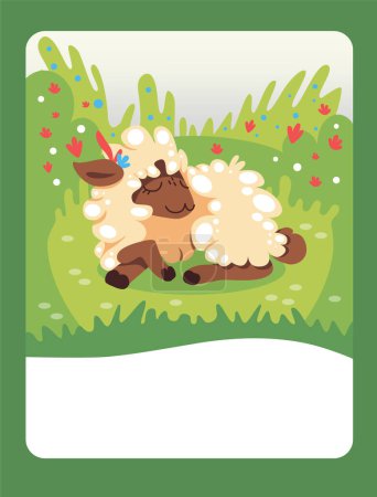 Illustration for Vector illustration of a sheep on a green meadow. It can be used as a playing card, for the development and education of children. - Royalty Free Image